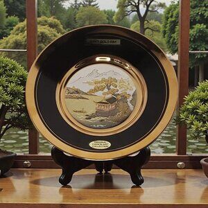 Elegant VTG Japan Chokin Art Miniature Pagoda Collector's Plate in Black & Gold